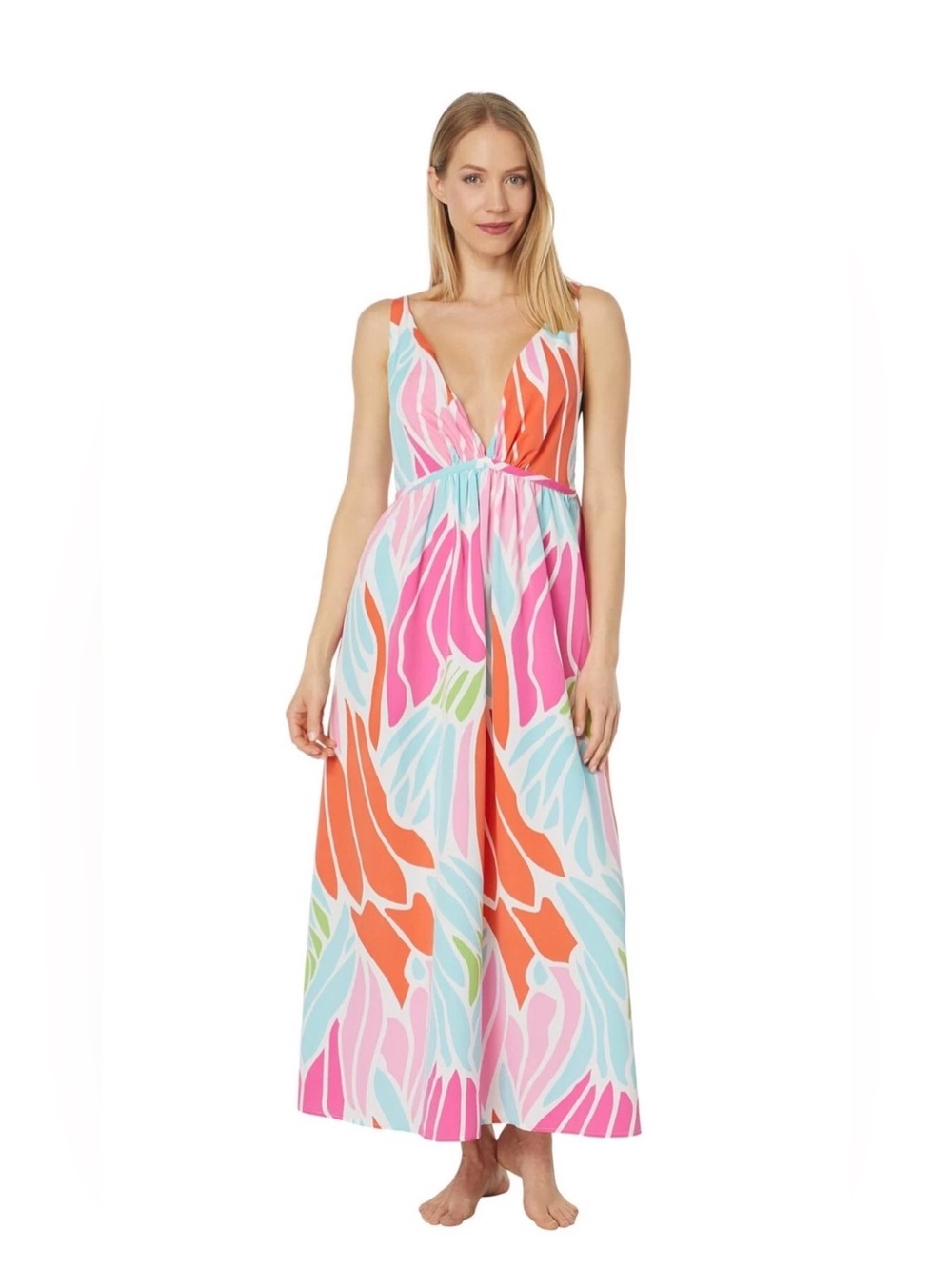 Natori Papillion Nightgown XL Bright Coral Tropical Print Maxi Sleep Gown